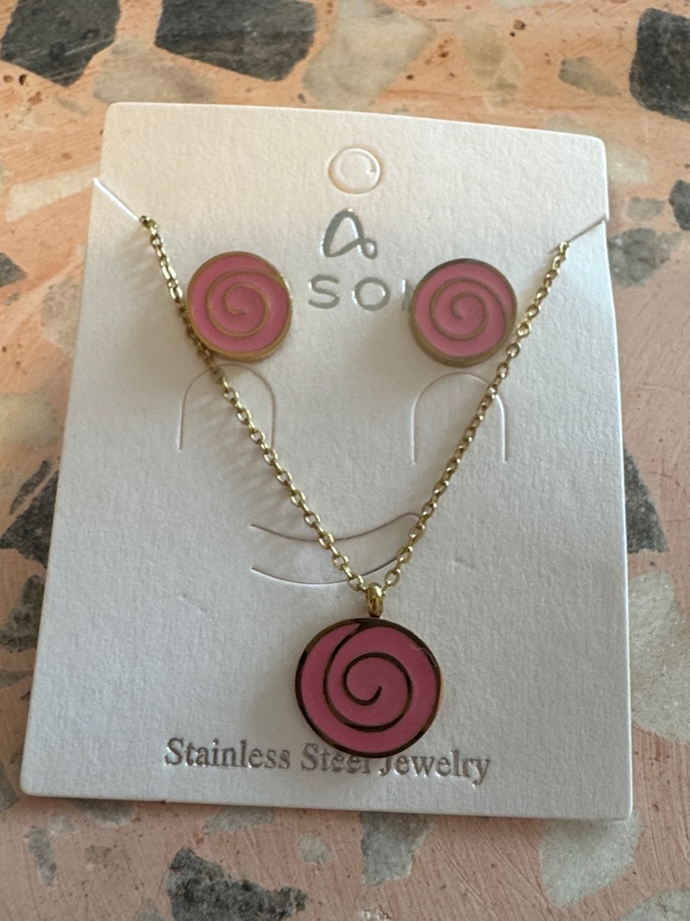 Pink Spiral Pendant Necklace and Earrings Set